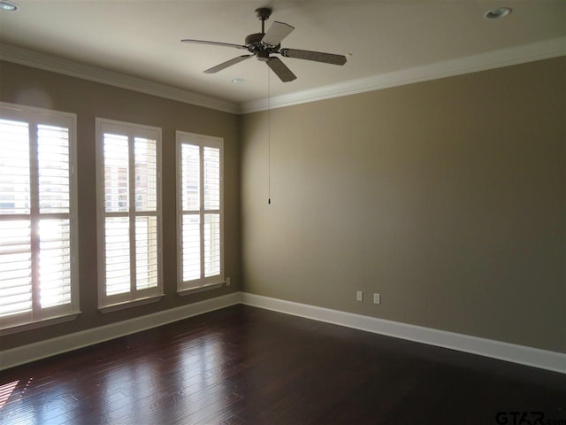 954 La Vista Dr, Tyler, TX 75703 - empty room with baseboards, dark wood-style floors, a ceiling fan, recessed lighting, and crown molding