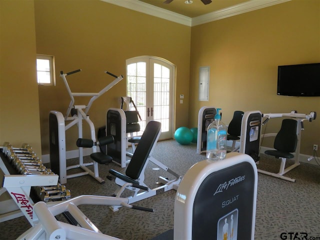 954 La Vista Dr, Tyler, TX 75703 - gym with carpet floors, ornamental molding, french doors, baseboards, and ceiling fan