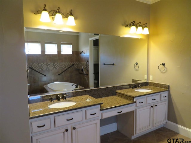 954 La Vista Dr, Tyler, TX 75703 - bathroom featuring double vanity, toilet, tile patterned floors, ornamental molding, and tiled shower