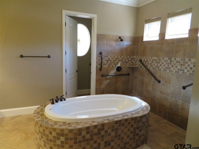 954 La Vista Dr, Tyler, TX 75703 - full bath with a bath, a tile shower, crown molding, and tile patterned flooring