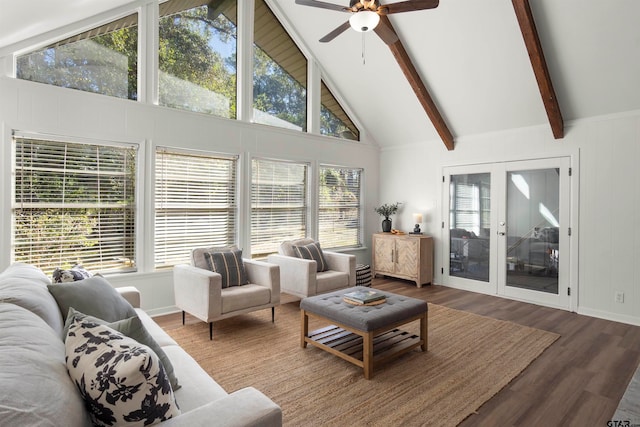 living room featuring ceiling fan, high vaulted ceiling, wood finished floors, french doors, and beamed ceiling