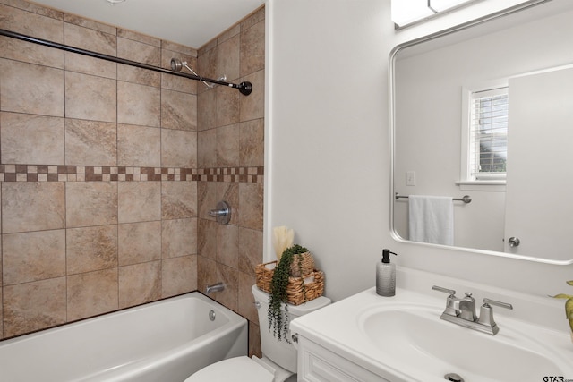 full bath with shower / bathing tub combination, vanity, and toilet