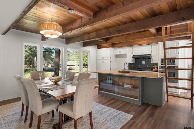 dining room with beam ceiling, dark wood finished floors, and wood ceiling