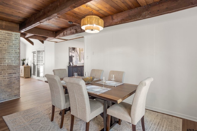 dining area with wood ceiling, baseboards, beamed ceiling, and wood finished floors