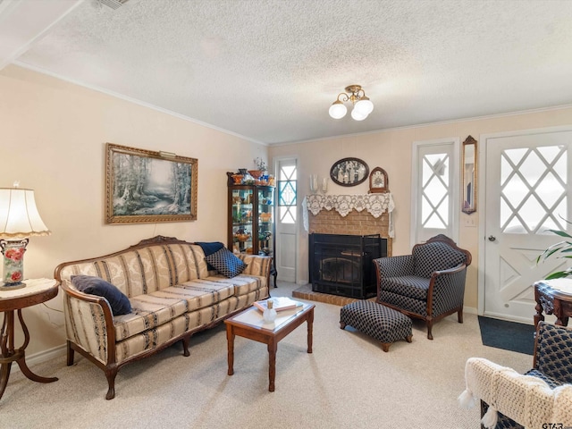 carpeted living room with a textured ceiling and ornamental molding