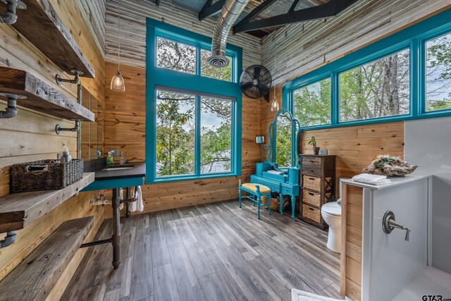 interior space with beamed ceiling and a wealth of natural light