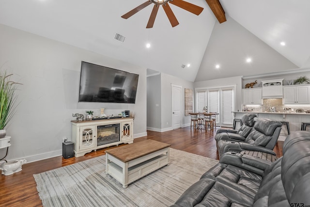 14611 Twin Pines Ln, Lindale, TX 75771 - living room with ceiling fan, beamed ceiling, high vaulted ceiling, wood finished floors, and recessed lighting