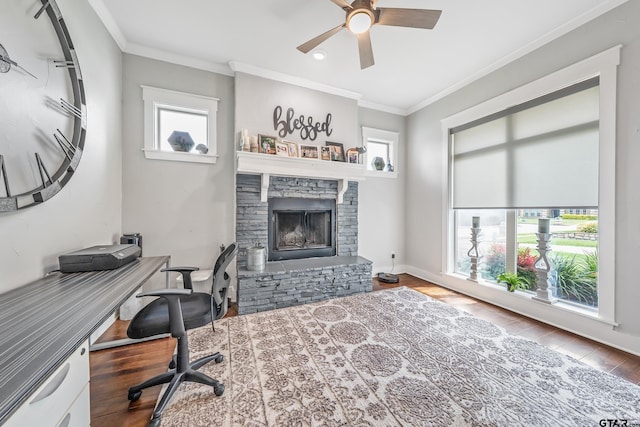 14611 Twin Pines Ln, Lindale, TX 75771 - home office featuring a fireplace, healthy amount of natural light, ceiling fan, ornamental molding, and wood finished floors