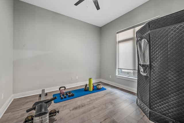 14611 Twin Pines Ln, Lindale, TX 75771 - workout room featuring ceiling fan and wood finished floors