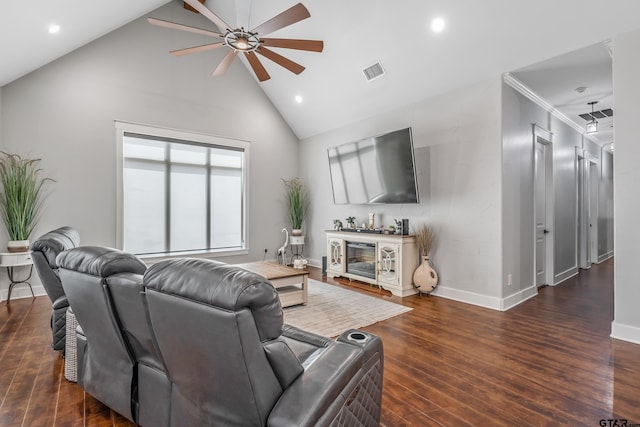 14611 Twin Pines Ln, Lindale, TX 75771 - living area featuring a ceiling fan, high vaulted ceiling, recessed lighting, and dark wood-type flooring