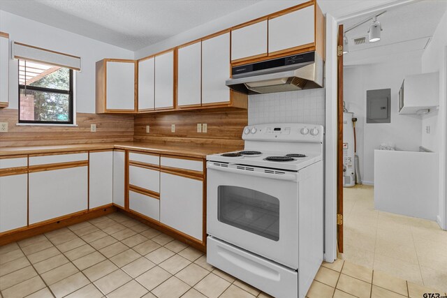 kitchen featuring white cabinetry, white electric range, water heater, backsplash, and electric panel