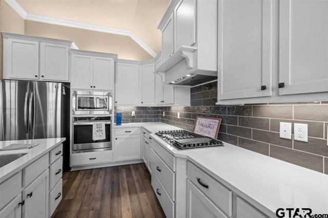 kitchen featuring white cabinetry, dark wood-type flooring, stainless steel appliances, backsplash, and vaulted ceiling