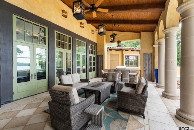 view of patio / terrace with outdoor lounge area, ceiling fan, french doors, a grill, and area for grilling