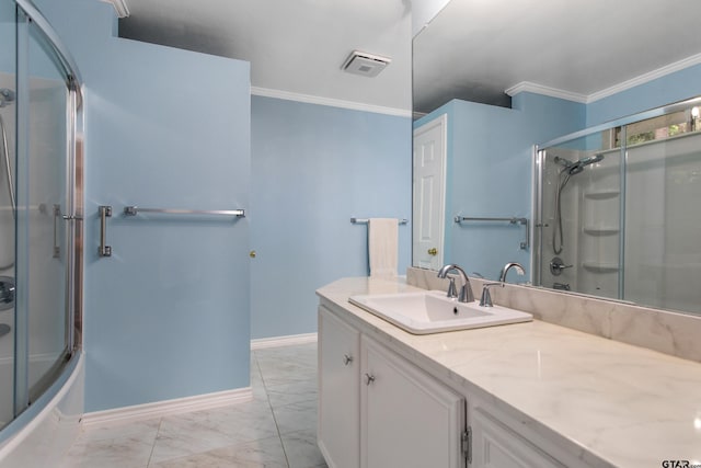 full bath featuring baseboards, ornamental molding, enclosed tub / shower combo, and marble finish floor