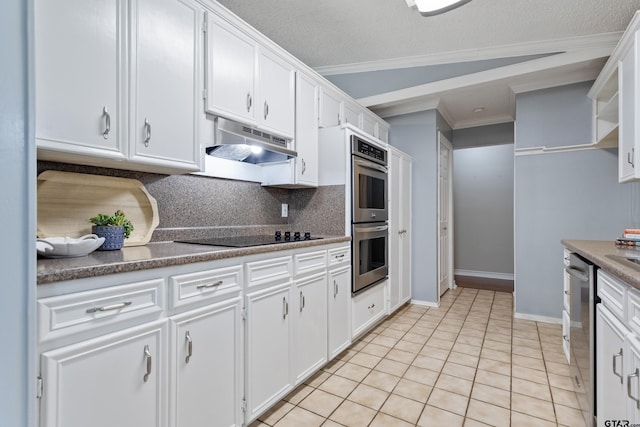 kitchen featuring decorative backsplash, crown molding, appliances with stainless steel finishes, white cabinets, and under cabinet range hood