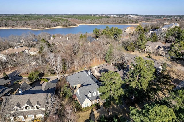 aerial view featuring a water view and a residential view