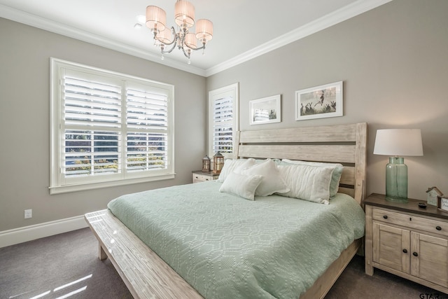 bedroom with crown molding, dark colored carpet, an inviting chandelier, and baseboards