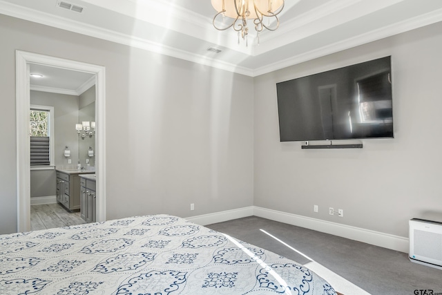 bedroom featuring baseboards, ornamental molding, visible vents, and a notable chandelier