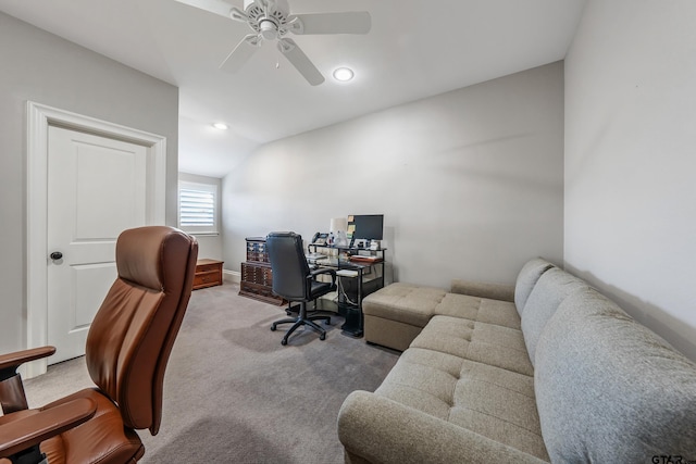 office space featuring carpet floors, lofted ceiling, recessed lighting, and a ceiling fan