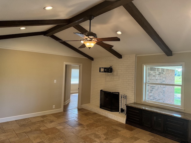 8856 Pleasant Hill Cir, Tyler, TX 75707 - unfurnished living room with recessed lighting, stone tile flooring, a fireplace, baseboards, and a ceiling fan