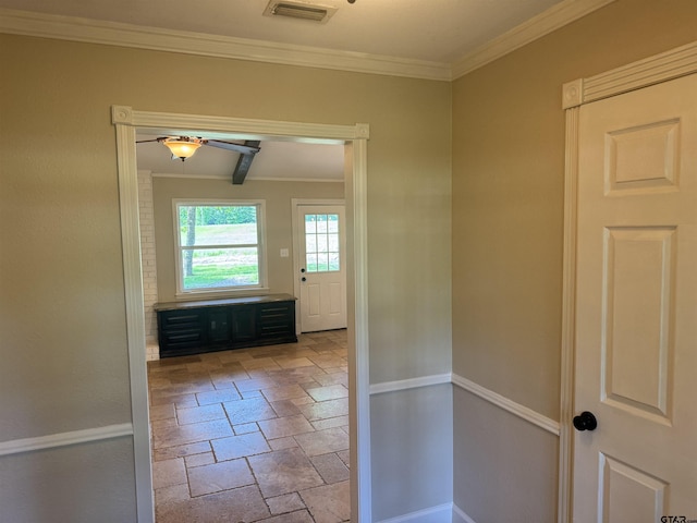 8856 Pleasant Hill Cir, Tyler, TX 75707 - interior space with visible vents, stone tile flooring, baseboards, ornamental molding, and a ceiling fan