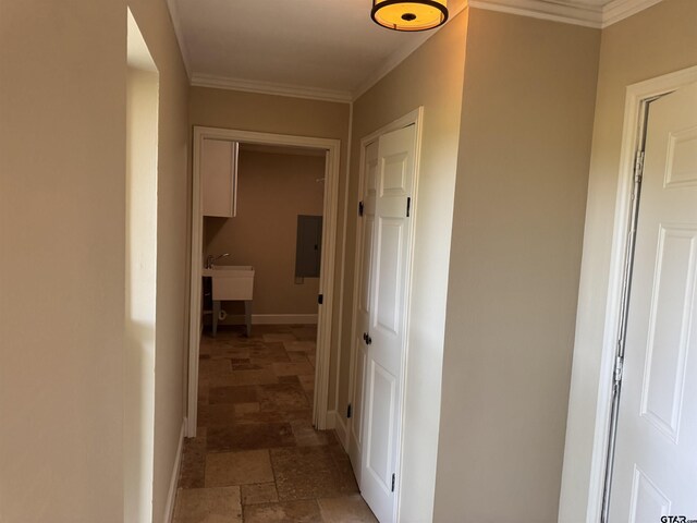 8856 Pleasant Hill Cir, Tyler, TX 75707 - hall with baseboards, ornamental molding, stone finish floor, and arched walkways