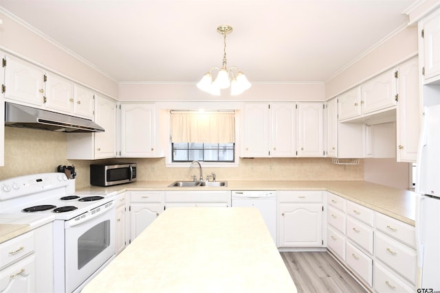 kitchen featuring white cabinets, sink, ornamental molding, pendant lighting, and white appliances