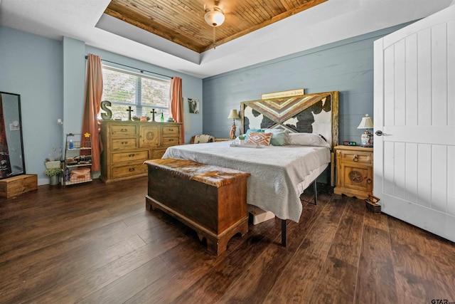 1325 Fm 23 W, Rusk, TX 75785 - bedroom featuring a tray ceiling, wood ceiling, dark wood-type flooring, and wood walls