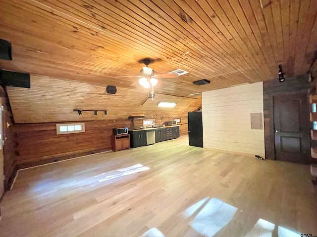 interior space featuring wood ceiling, ceiling fan, wooden walls, and hardwood / wood-style flooring