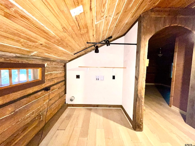 clothes washing area featuring washer hookup, wooden walls, hardwood / wood-style floors, and wood ceiling