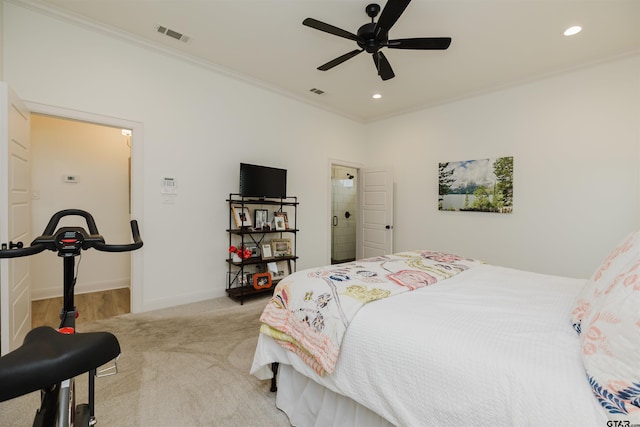 bedroom featuring crown molding, recessed lighting, baseboards, and visible vents