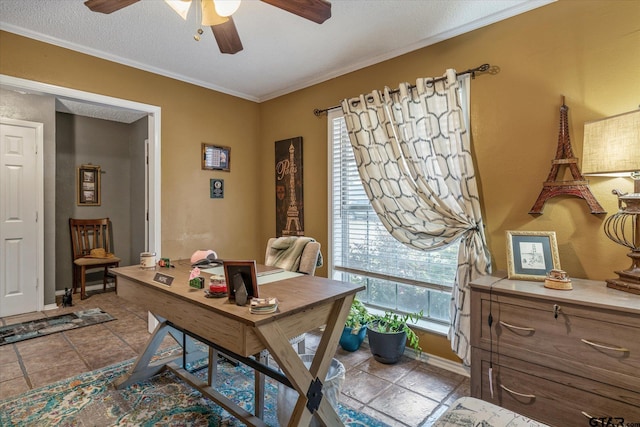 office area featuring a textured ceiling, ceiling fan, and crown molding