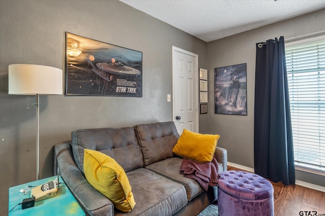 living room featuring plenty of natural light, hardwood / wood-style floors, and a textured ceiling