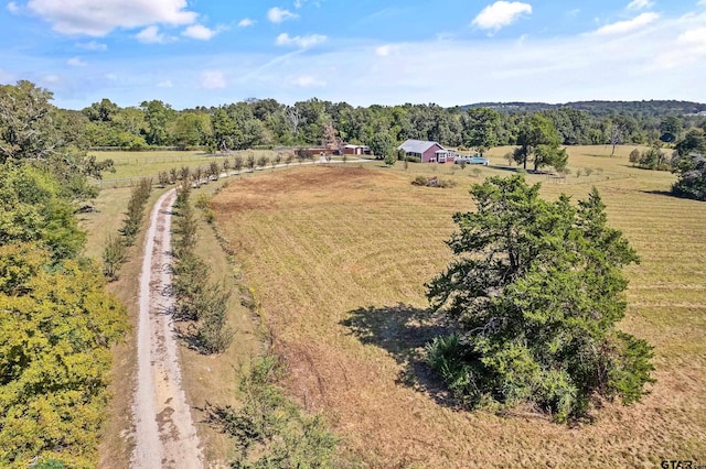 aerial view with a rural view and a wooded view