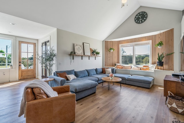 living area featuring high vaulted ceiling and light wood-type flooring