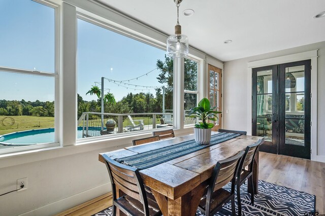 dining room with french doors, baseboards, light wood-type flooring, and a wealth of natural light