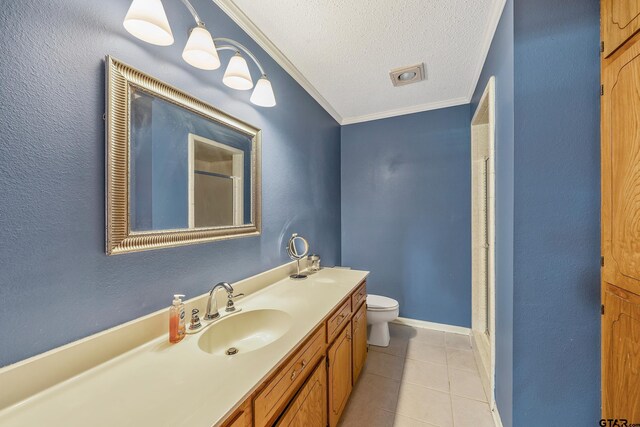 110 Leisure Ln, Whitehouse, TX 75791 - bathroom featuring a textured ceiling, vanity, toilet, an enclosed shower, and tile patterned floors