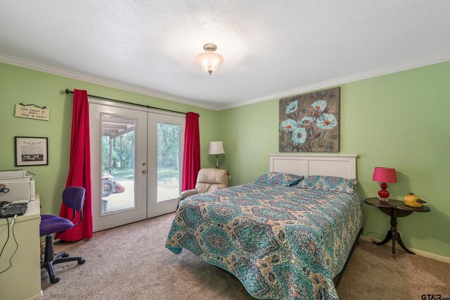 110 Leisure Ln, Whitehouse, TX 75791 - bedroom with access to outside, baseboards, ornamental molding, carpet flooring, and french doors