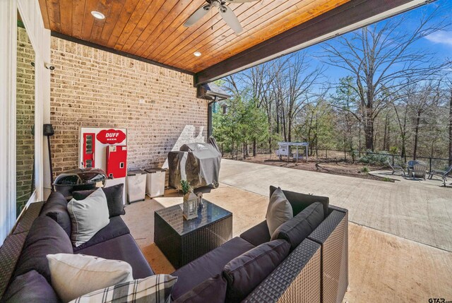 15920 Shepards Gln, Lindale, TX 75771 - view of patio / terrace featuring outdoor lounge area, area for grilling, a ceiling fan, and fence
