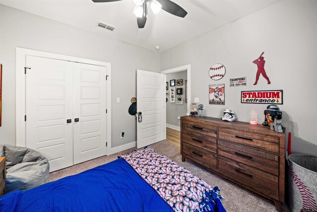 15920 Shepards Gln, Lindale, TX 75771 - carpeted bedroom featuring a ceiling fan, baseboards, visible vents, and a closet