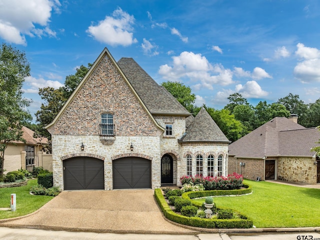 7022 Walden Dr, Tyler, TX 75703 - french country inspired facade with stone siding, a front yard, driveway, and roof with shingles