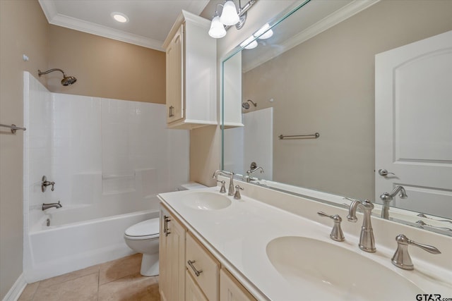 full bathroom with ornamental molding, toilet, tile patterned floors, shower / bath combination, and vanity