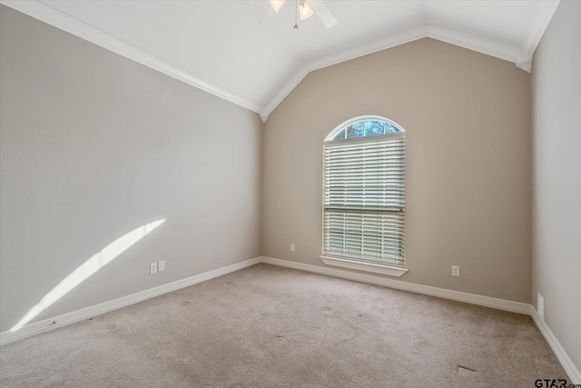 carpeted spare room featuring ornamental molding, ceiling fan, and lofted ceiling