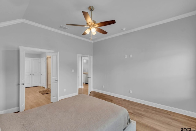 19175 Seneca Dr, Flint, TX 75762 - bedroom with wood finished floors, ceiling fan, and crown molding