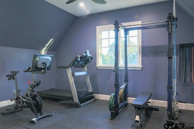 workout room with lofted ceiling, ceiling fan, and baseboards