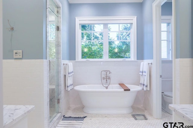 full bath with a freestanding tub, tile walls, wainscoting, a shower stall, and tile patterned floors