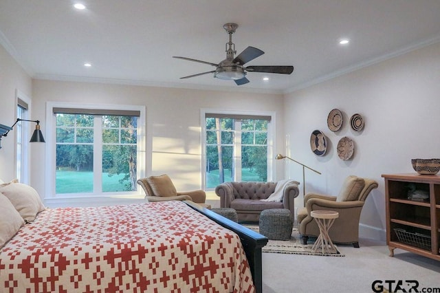 bedroom with recessed lighting, a ceiling fan, crown molding, and carpet flooring