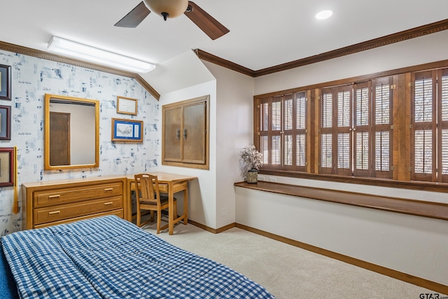 carpeted bedroom featuring crown molding, baseboards, and wallpapered walls