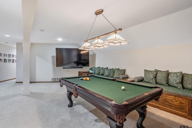 rec room featuring recessed lighting, visible vents, light carpet, vaulted ceiling, and baseboards