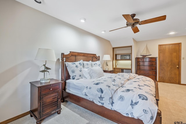 carpeted bedroom featuring recessed lighting, a ceiling fan, and baseboards